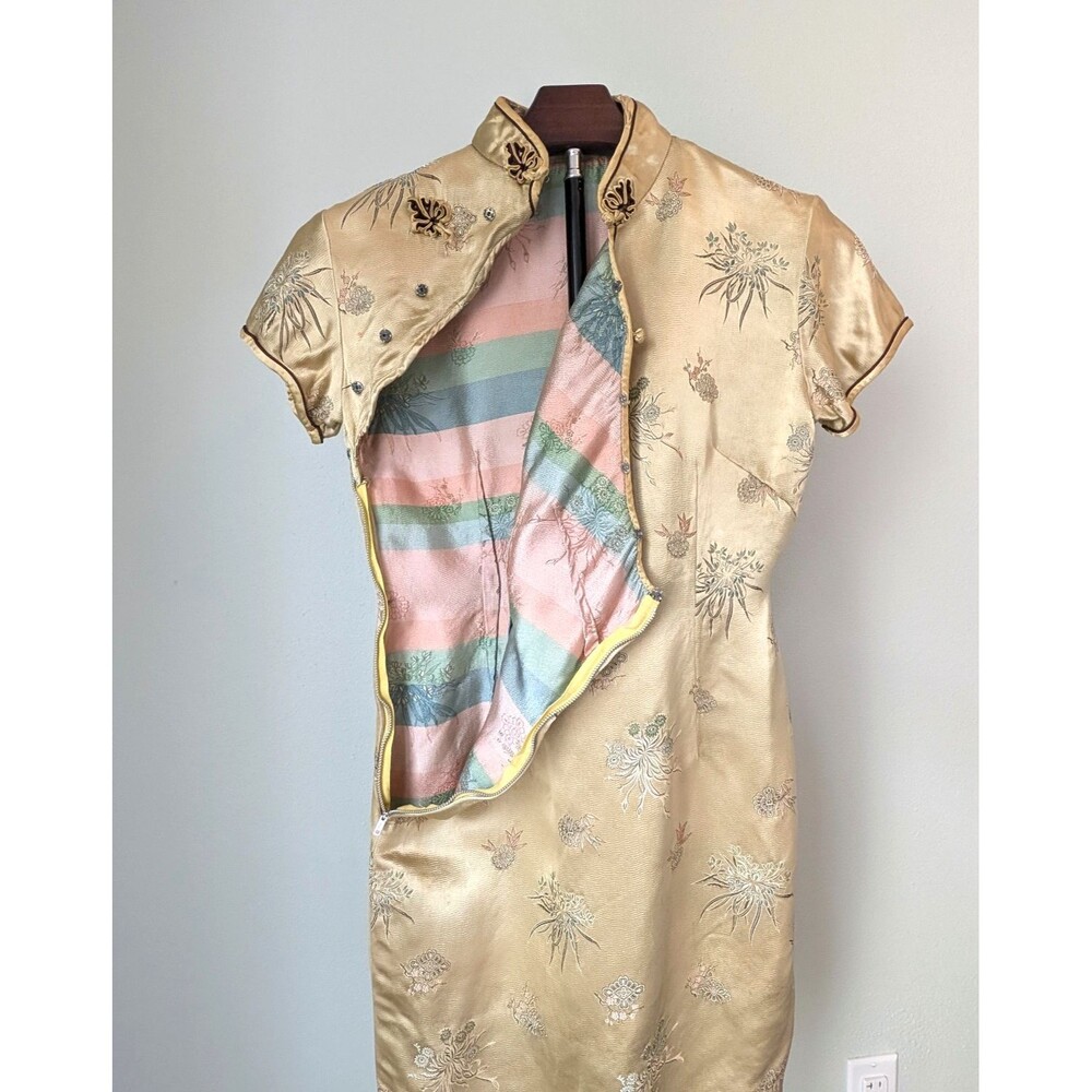Vintage Silk Jacquard Qipao Cheongsam Dress Champagne Gold Chinese Dress Elegant - Picture 5 of 13